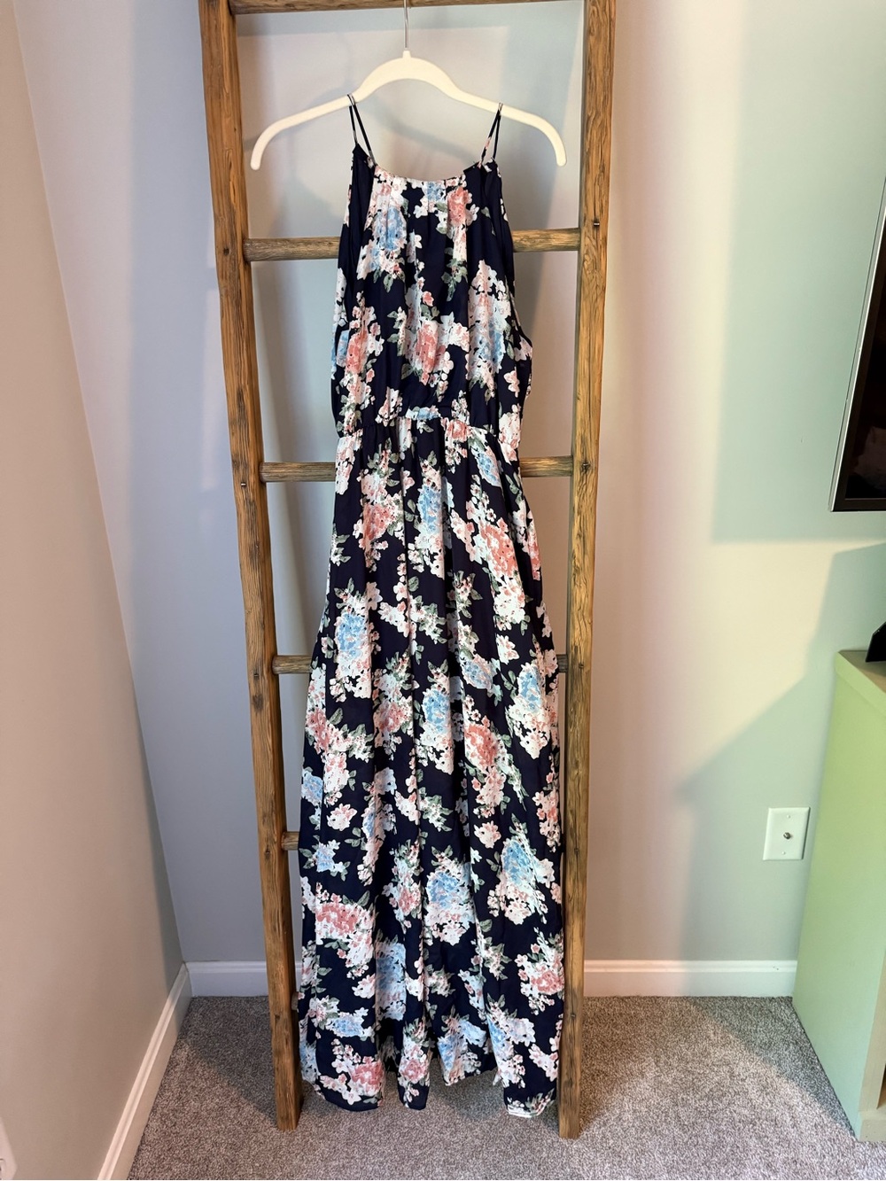 Navy Floral Maxi Dress with Spaghetti Straps